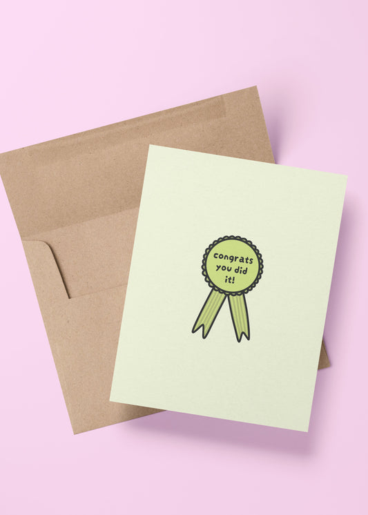 congratulations card with “congrats you did it!” text and illustrated ribbon – celebratory card for graduation, promotion, or achievements