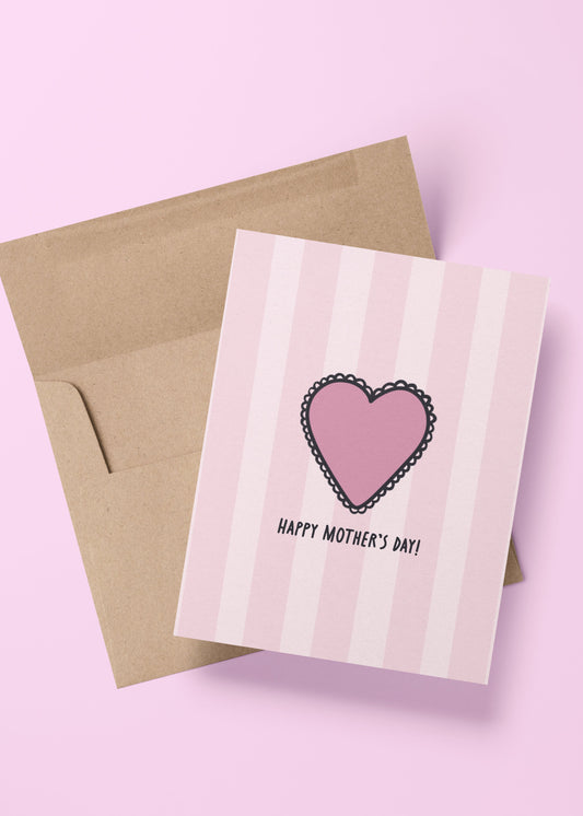 mother’s day card with “happy mother’s day” text and pink heart illustration – sweet and simple greeting card for moms and mother figures