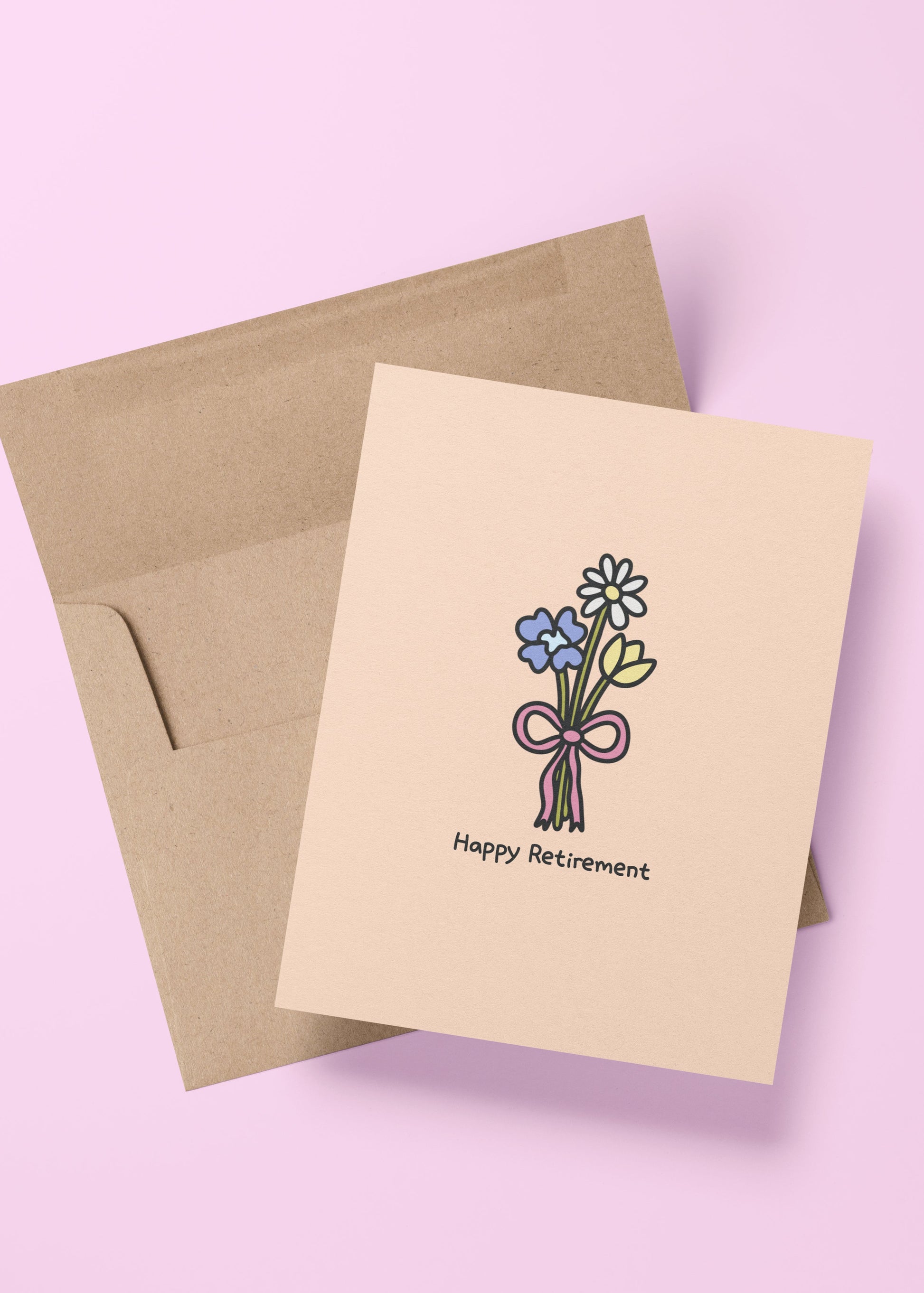 retirement greeting card with “happy retirement” text and colorful flower illustration – cheerful floral card for retirement wishes