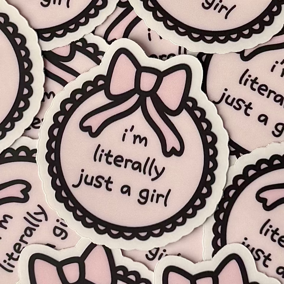 “I’m literally just a girl” bow sticker in pastel colors – cute and relatable sticker for decorating laptops, water bottles, and journals