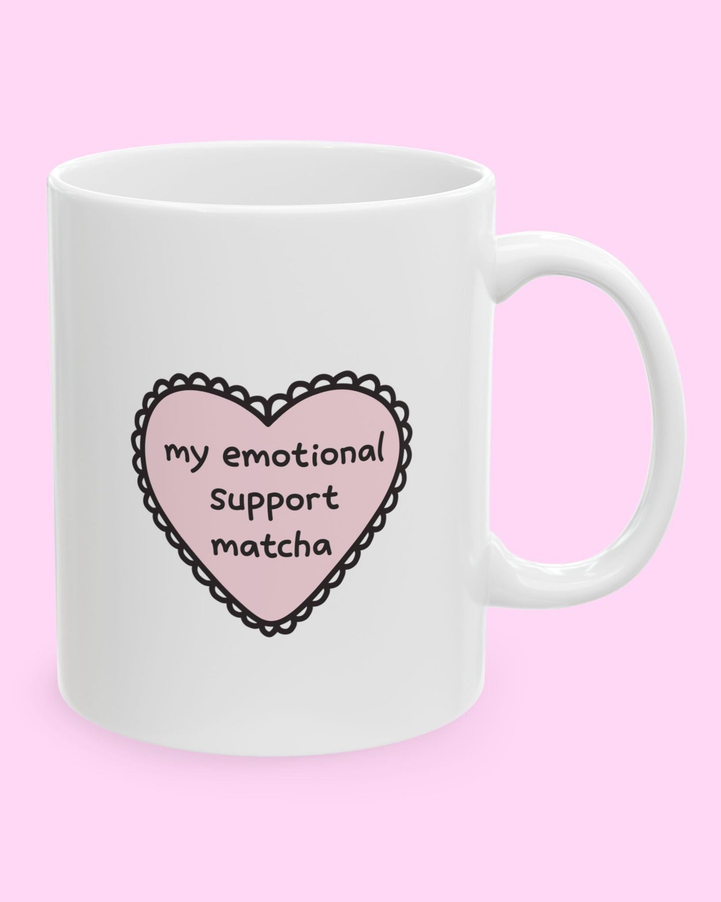 white ceramic mug with “my emotional support matcha” text – cute ceramic mug for matcha lovers, perfect for cozy home or office use
