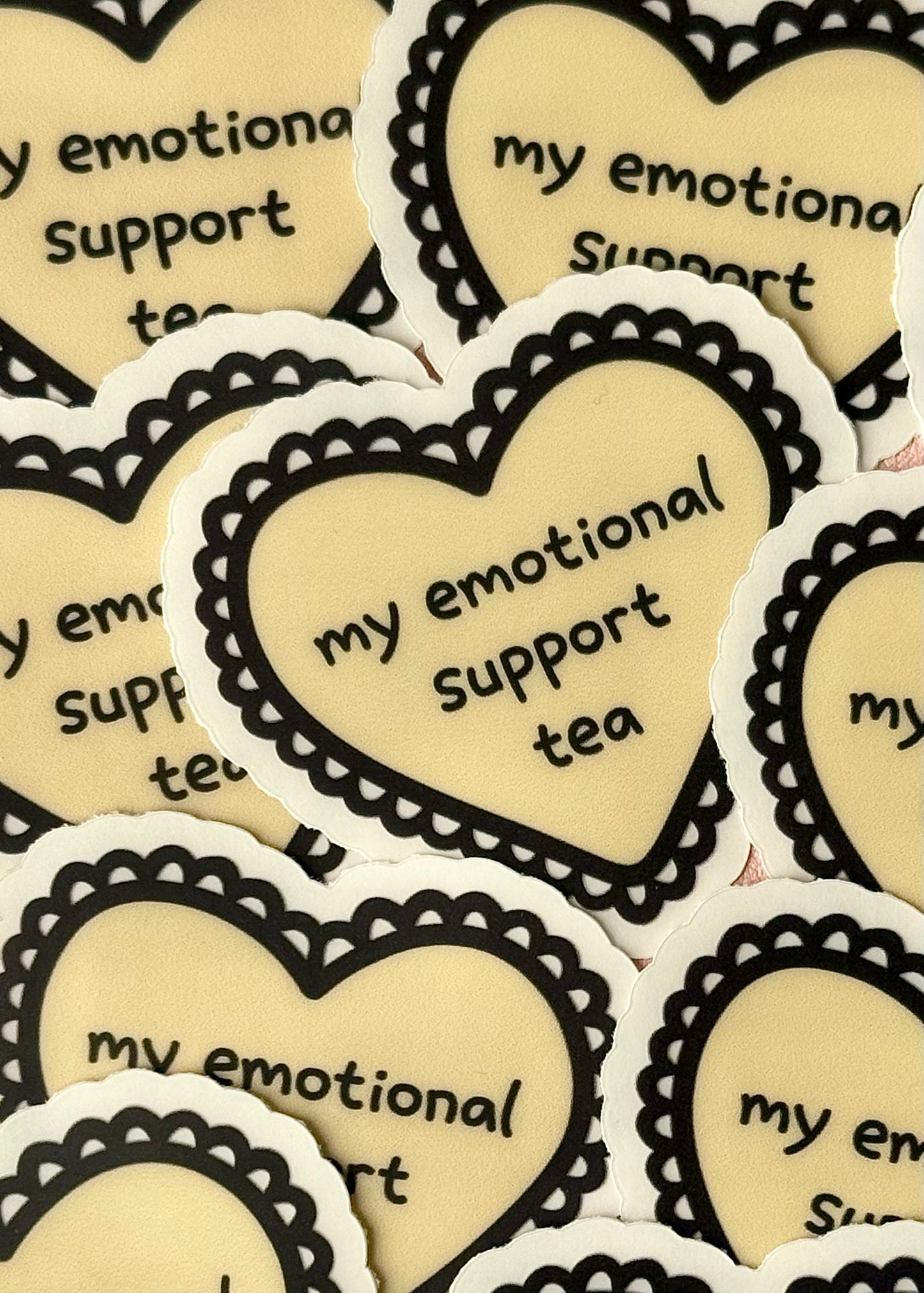 “my emotional support tea” heart-shaped sticker – cozy and cute tea-themed vinyl sticker for laptops, journals, and water bottles