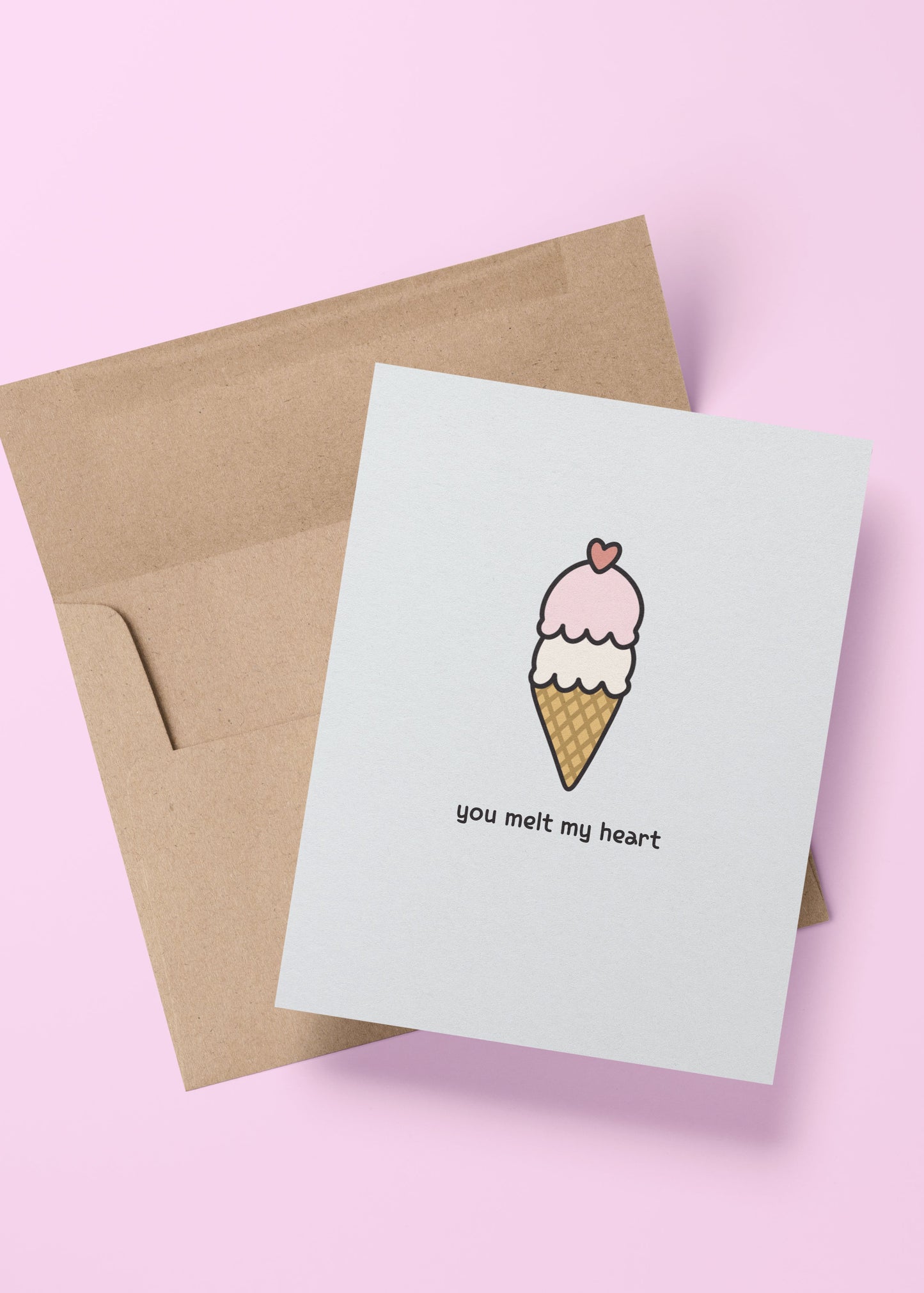 cute “you melt my heart” card with melting ice cream illustration – perfect for Valentine’s Day, anniversaries, or just because