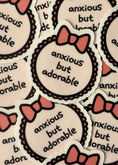 “anxious but adorable” bow sticker in pastel – relatable and cute vinyl sticker for decorating laptops, water bottles, and planners