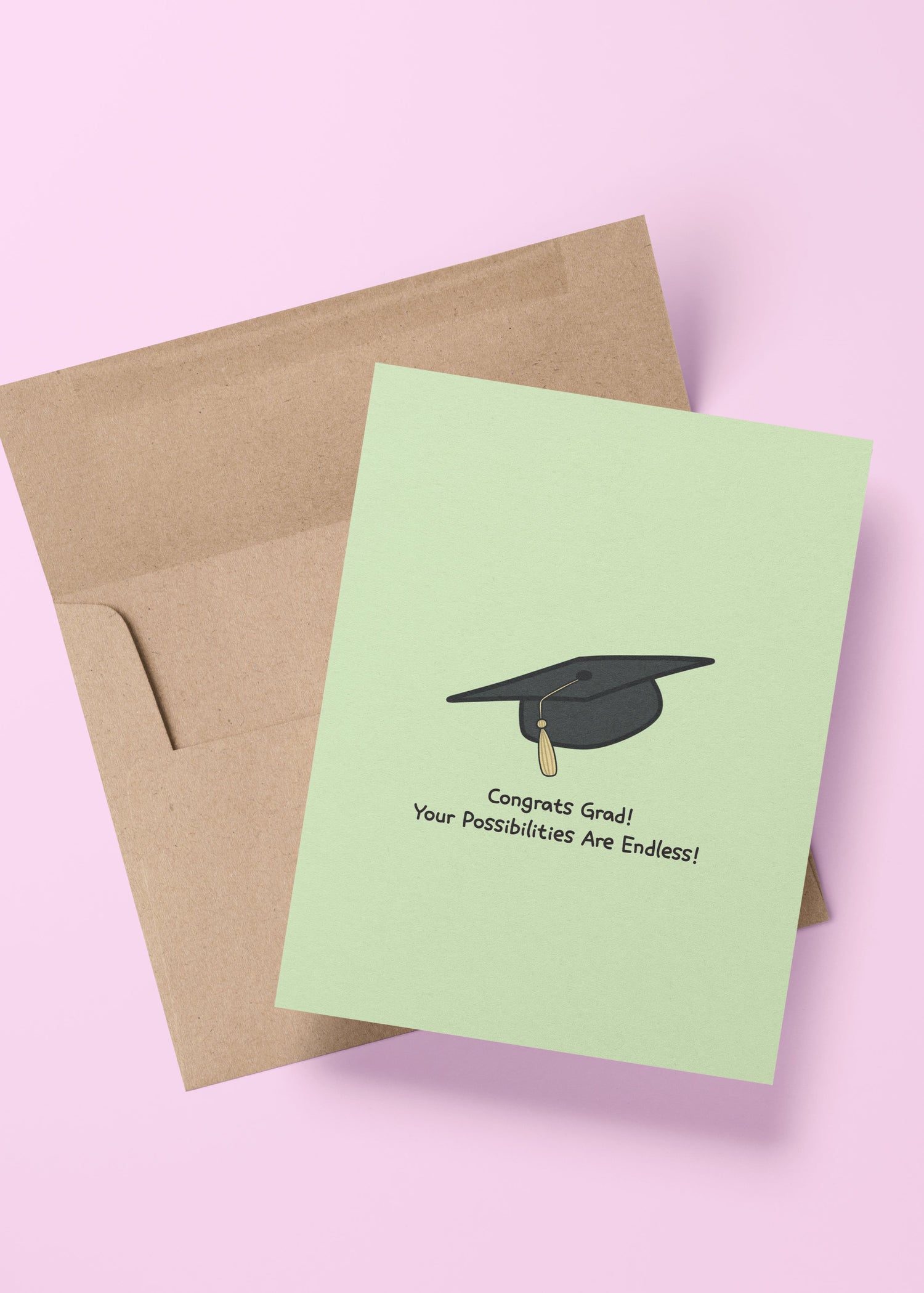 graduation card with “congrats grad! your possibilities are endless!” message and black grad cap illustration – inspirational card for graduates