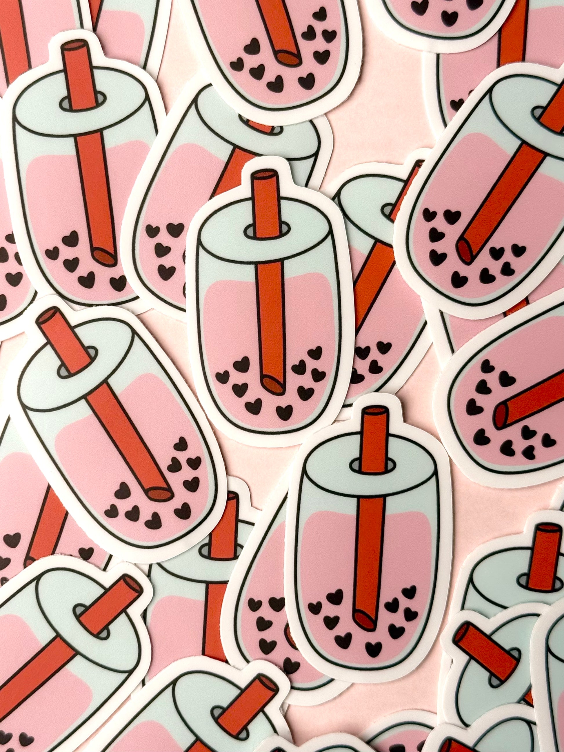 heart-shaped boba tea vinyl sticker – kawaii bubble tea design for decorating water bottles, laptops, and stationery