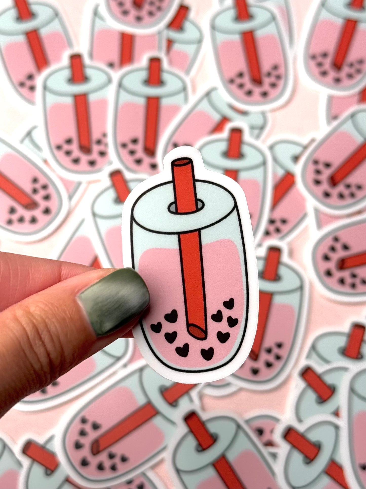 heart-shaped boba tea vinyl sticker – kawaii bubble tea design for decorating water bottles, laptops, and stationery