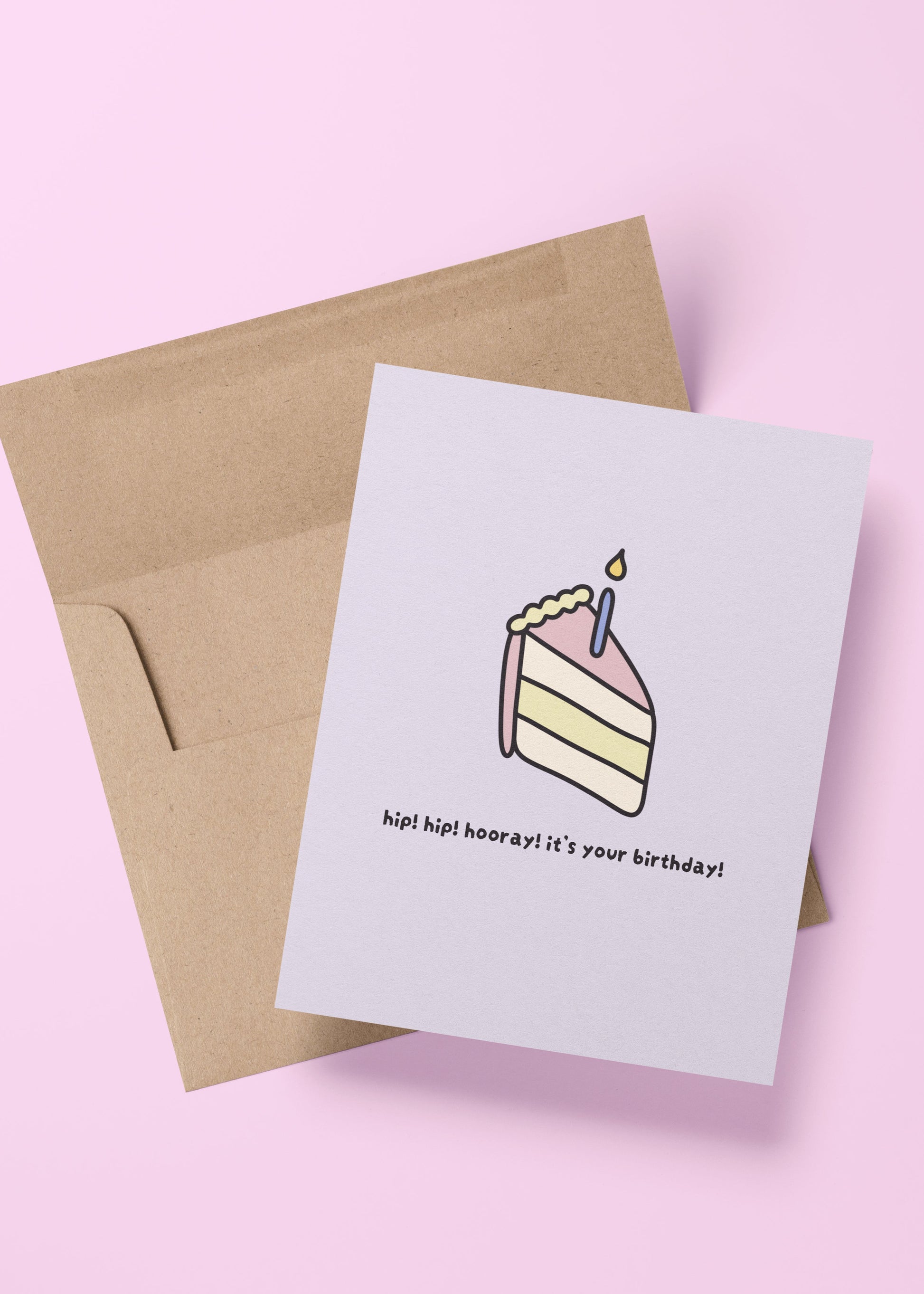 cute birthday card with cake slice illustration and hip hip hooray message – perfect for friends, family, and celebrations