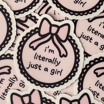 “I’m literally just a girl” bow sticker in pastel colors – cute and relatable sticker for decorating laptops, water bottles, and journals