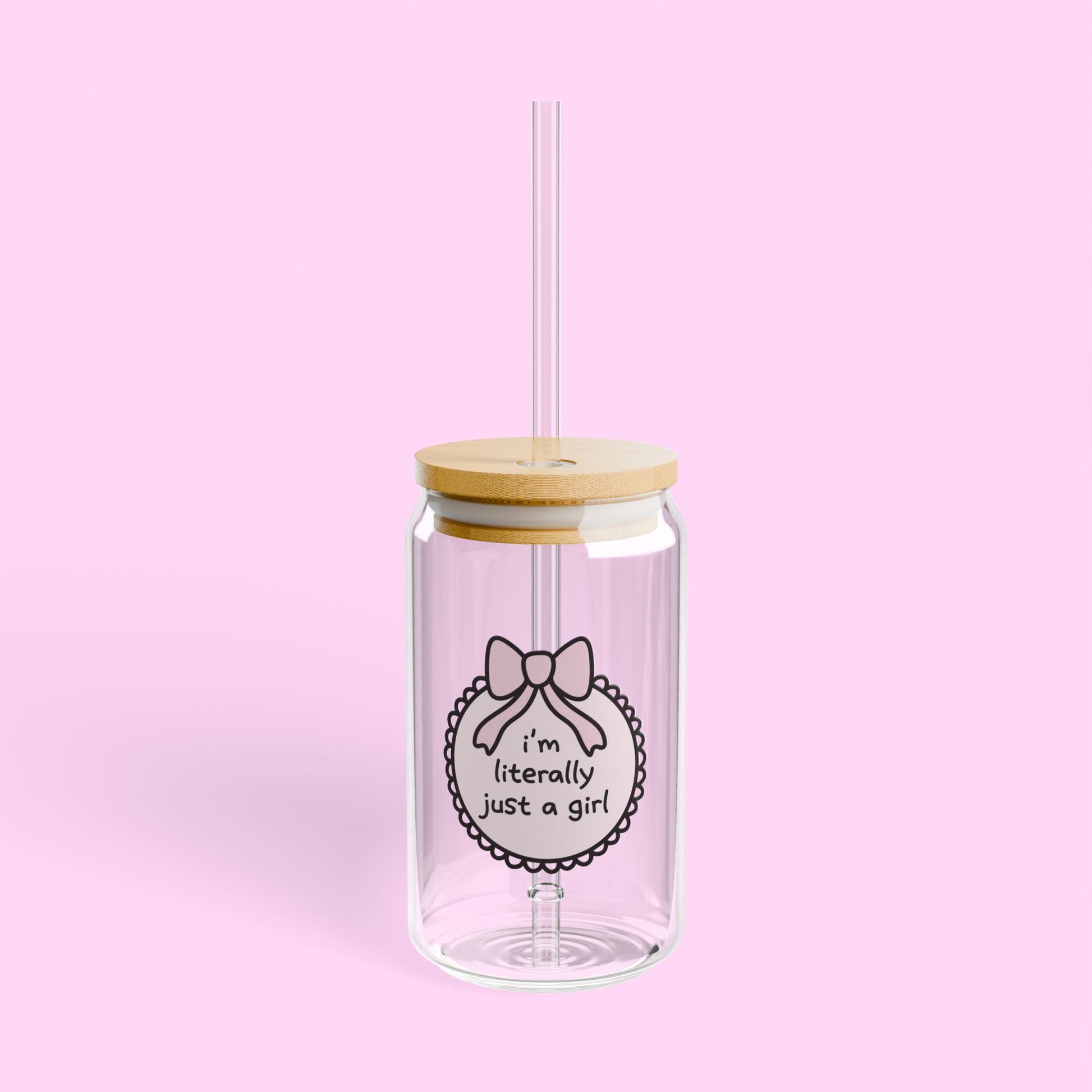 clear glass tumbler with “I’m literally just a girl” text – minimalist glass tumbler with bamboo lid and straw, perfect for water, iced drinks, and daily hydration