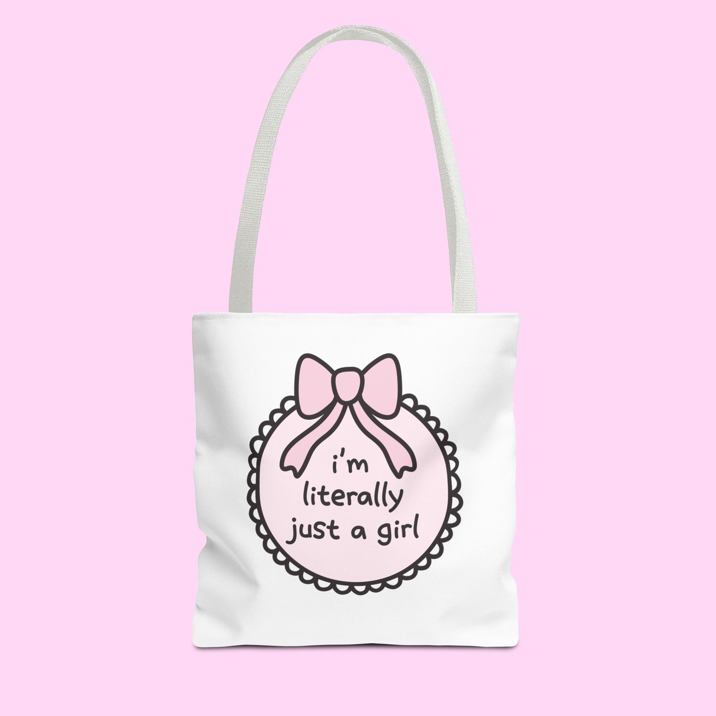 tote bag with “I’m literally just a girl” text – minimalist and cute everyday tote bag for shopping, books, and errands