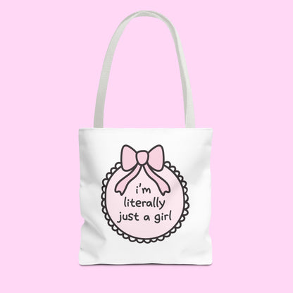 tote bag with “I’m literally just a girl” text – minimalist and cute everyday tote bag for shopping, books, and errands