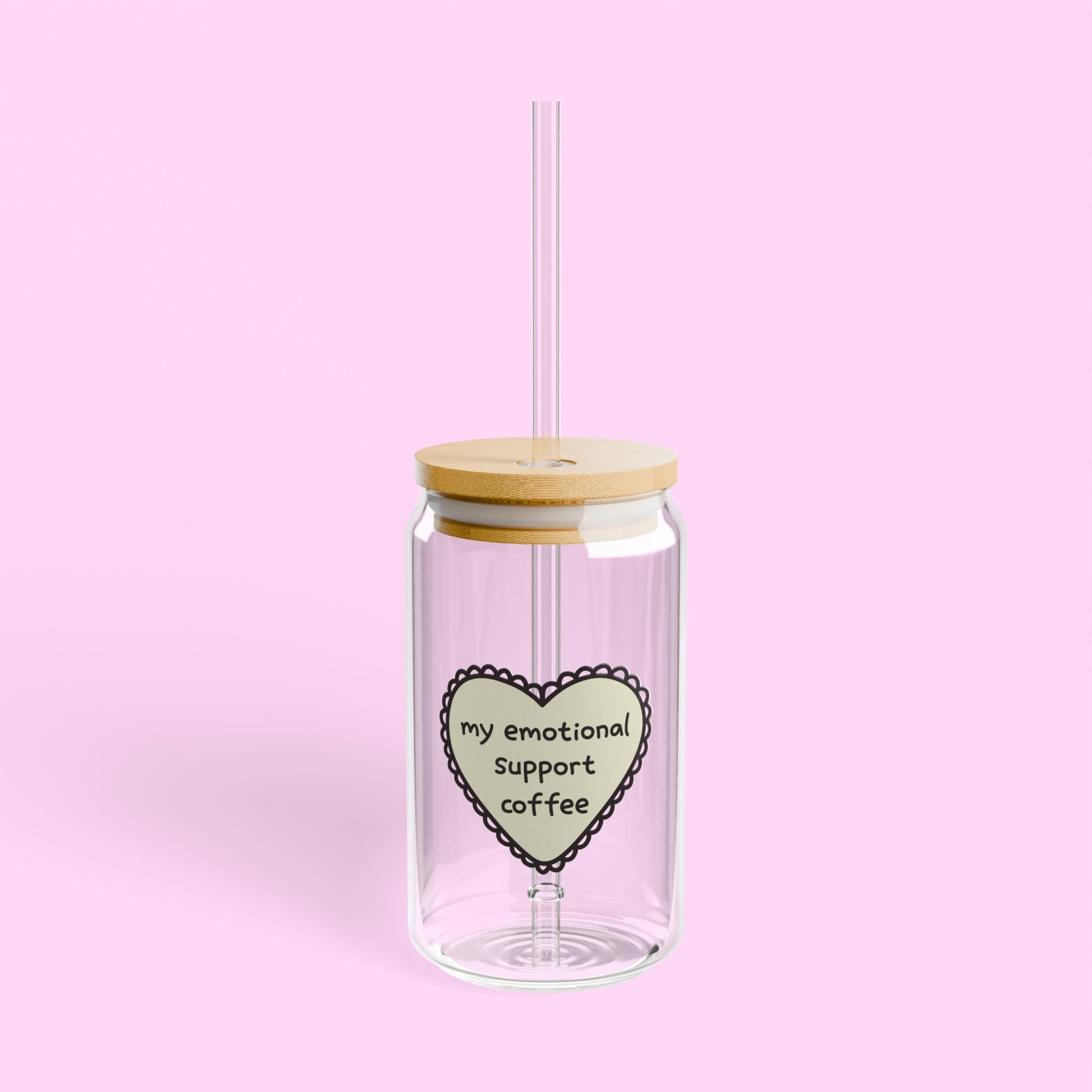 clear glass tumbler with “my emotional support coffee” text – cute coffee-themed glass tumbler with bamboo lid and straw for daily use and gifting