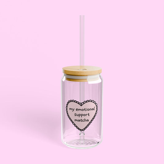 clear glass tumbler with “my emotional support matcha” text – aesthetic iced matcha cup with bamboo lid and straw for matcha lovers and cozy drinks