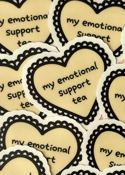 “my emotional support tea” heart-shaped sticker – cozy and cute tea-themed vinyl sticker for laptops, journals, and water bottles