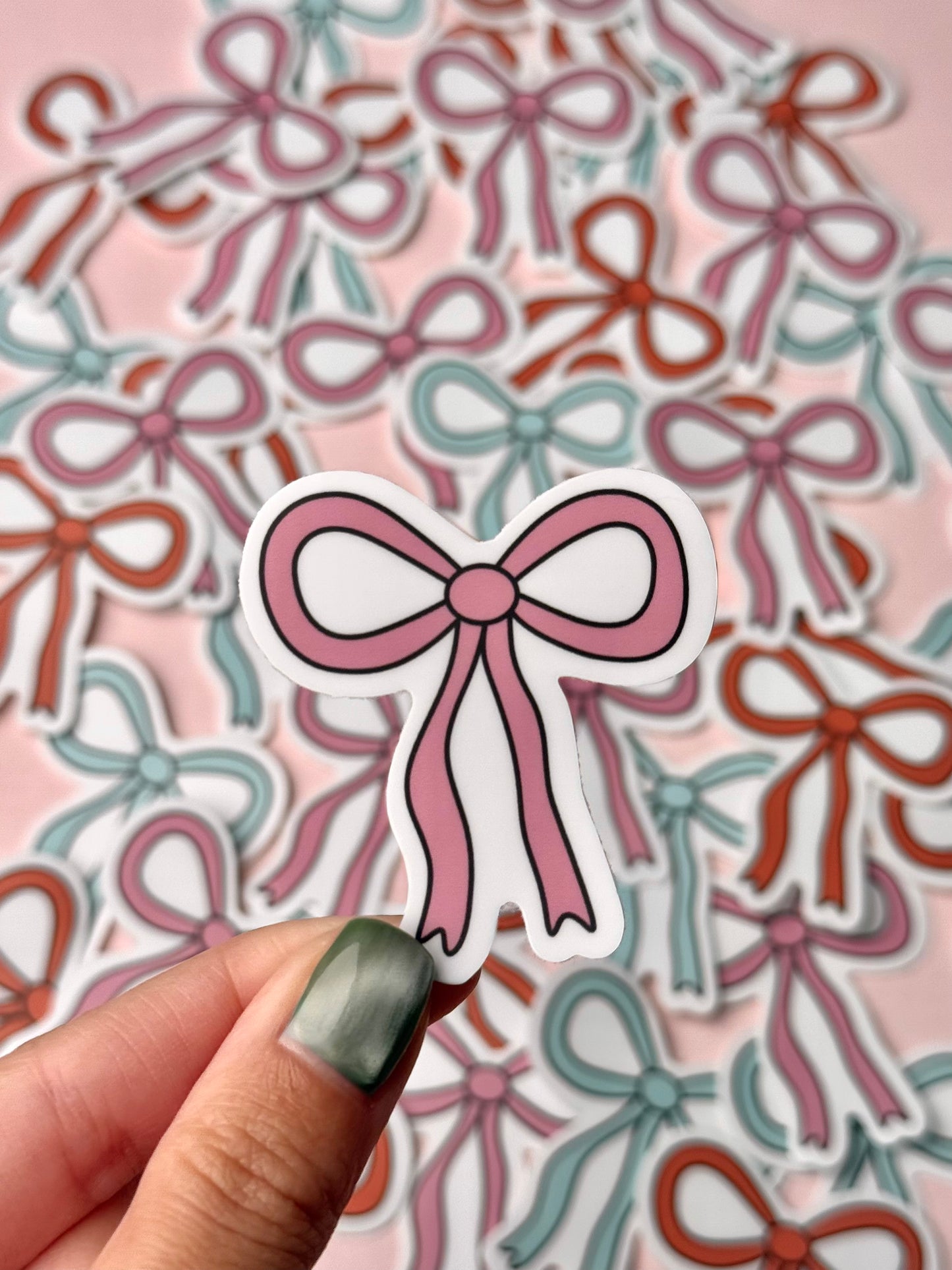 pastel pink bow vinyl sticker – kawaii aesthetic sticker for journals, phones, and water bottles