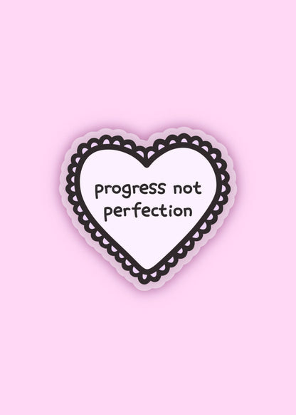“progress not perfection” heart-shaped sticker – motivational vinyl sticker for self-growth and mental health, great for laptops, water bottles, and journals